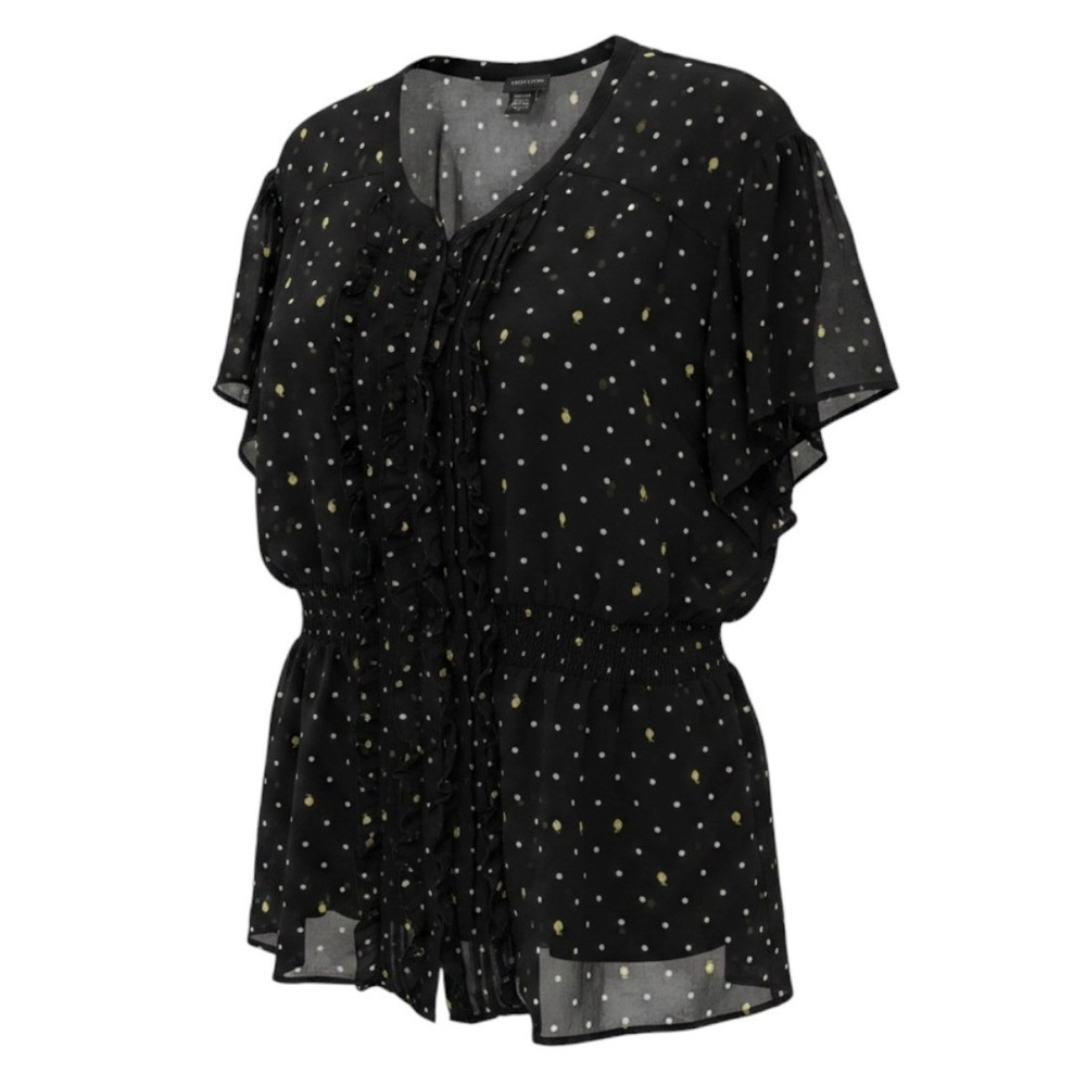 Torrid Chiffon‎ Ruffle Front Smocked Waist Blouse 4X Black Lemon Print Polka Dot